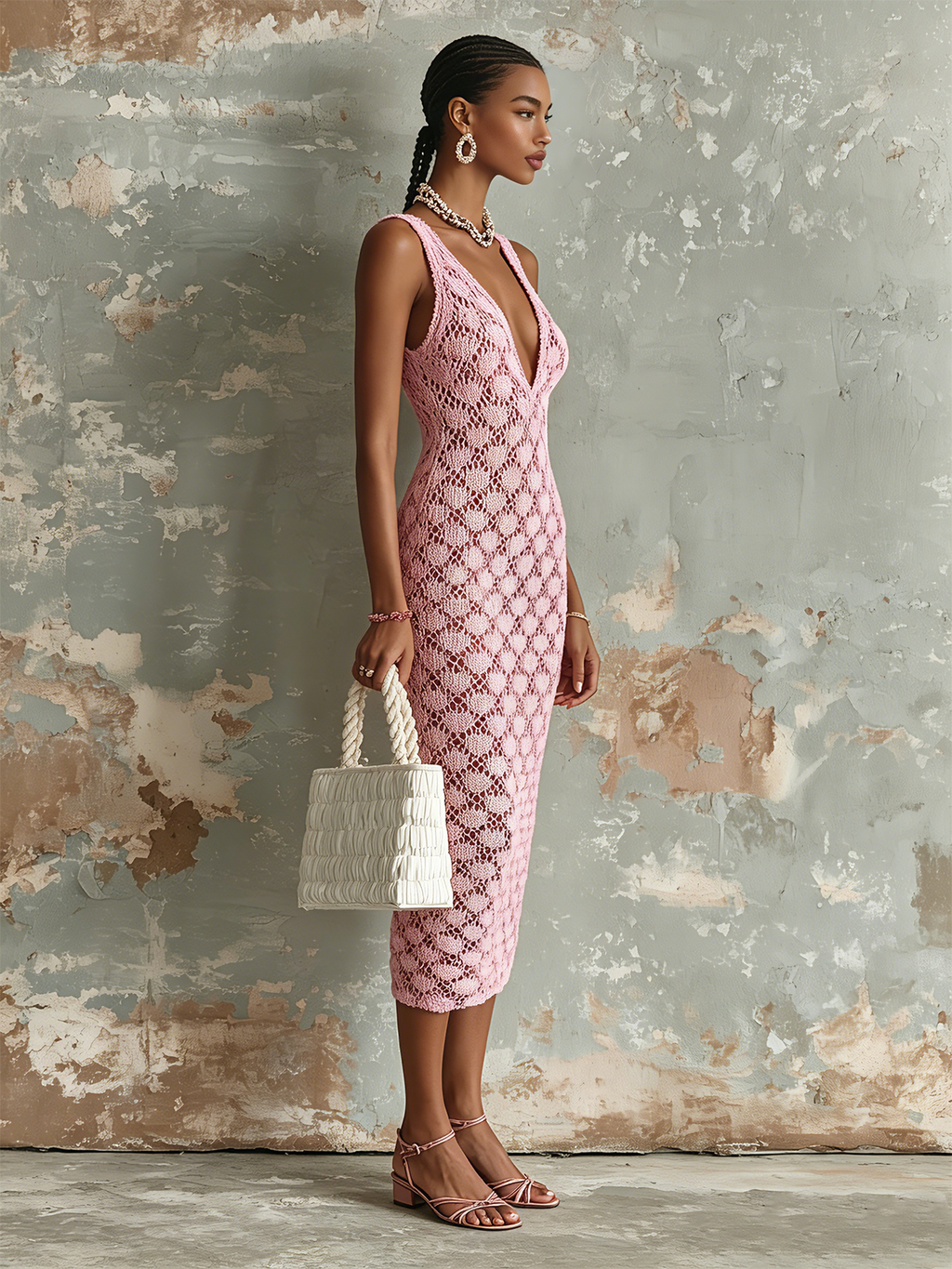 Vestido Midi Chic Elegante Rosa con Cuello en V, sin Mangas y Calado en Punto