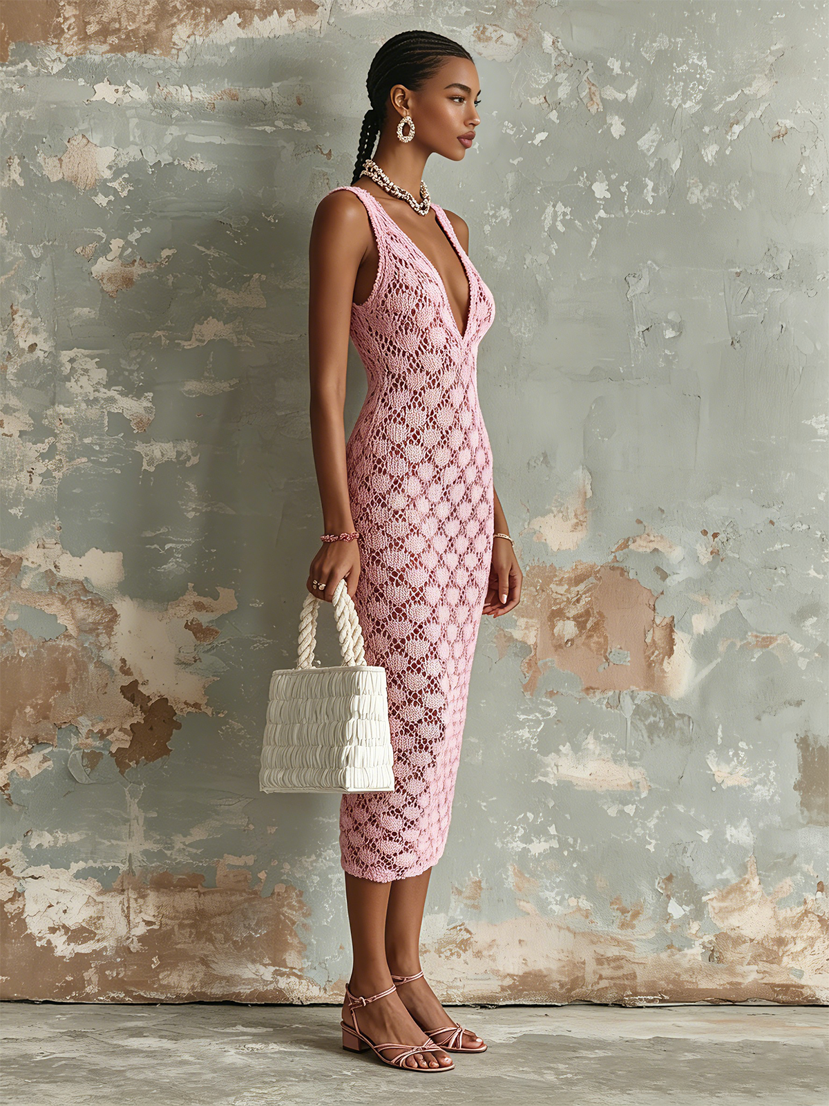 Vestido Midi Chic Elegante Rosa con Cuello en V, sin Mangas y Calado en Punto