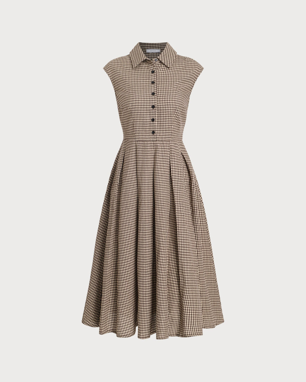 Vestido Midi de Cuadros Café con Botonadura y Plisado
