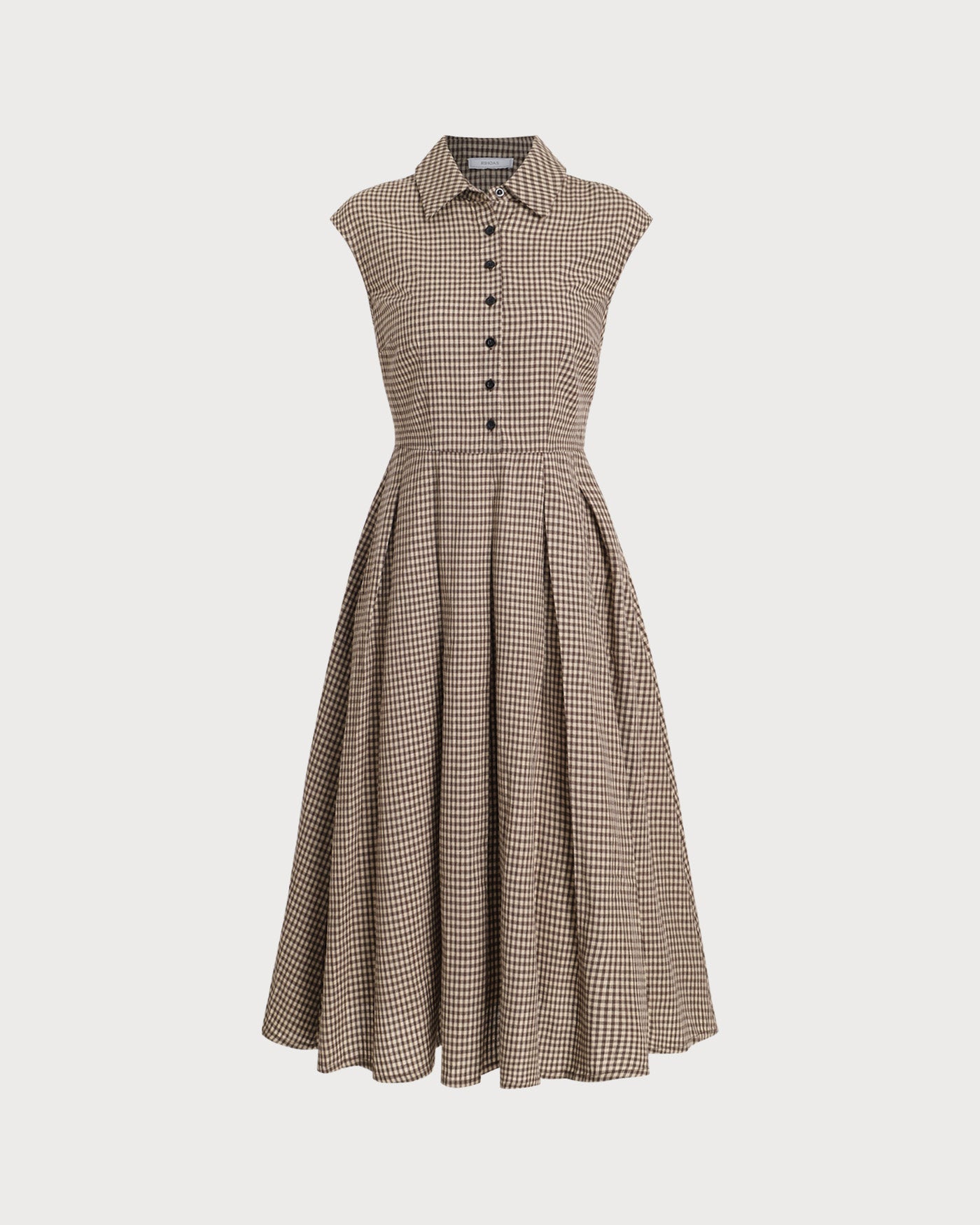 Vestido Midi de Cuadros Café con Botonadura y Plisado