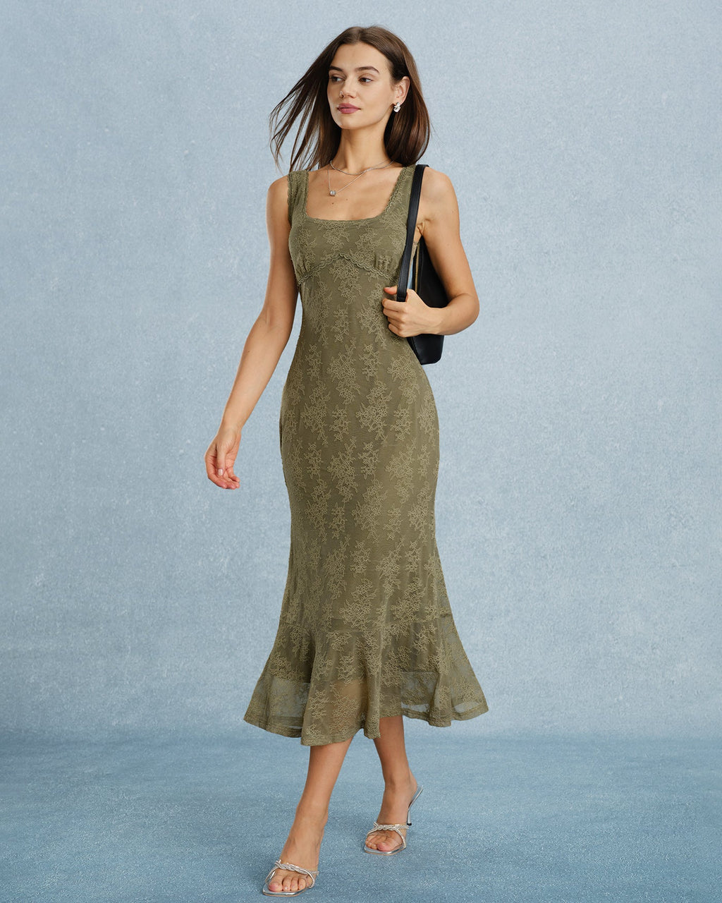 Vestido Midi Floral de Encaje Verde con Cuello Cuadrado
