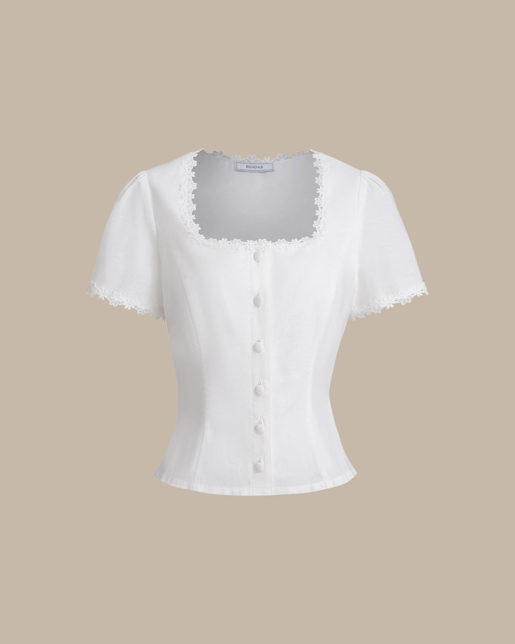 Blusa de Encaje Blanca con Cuello Cuadrado y Botonadura
