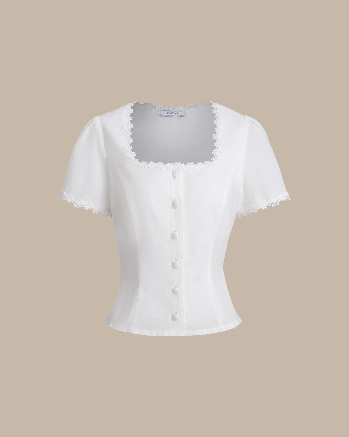 Blusa de Encaje Blanca con Cuello Cuadrado y Botonadura