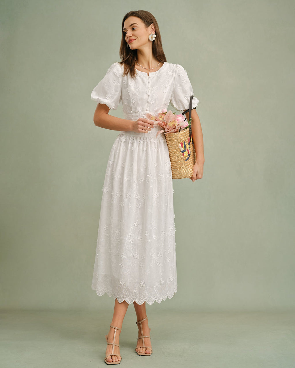 Vestido Midi Floral Blanco con Cuello Redondo