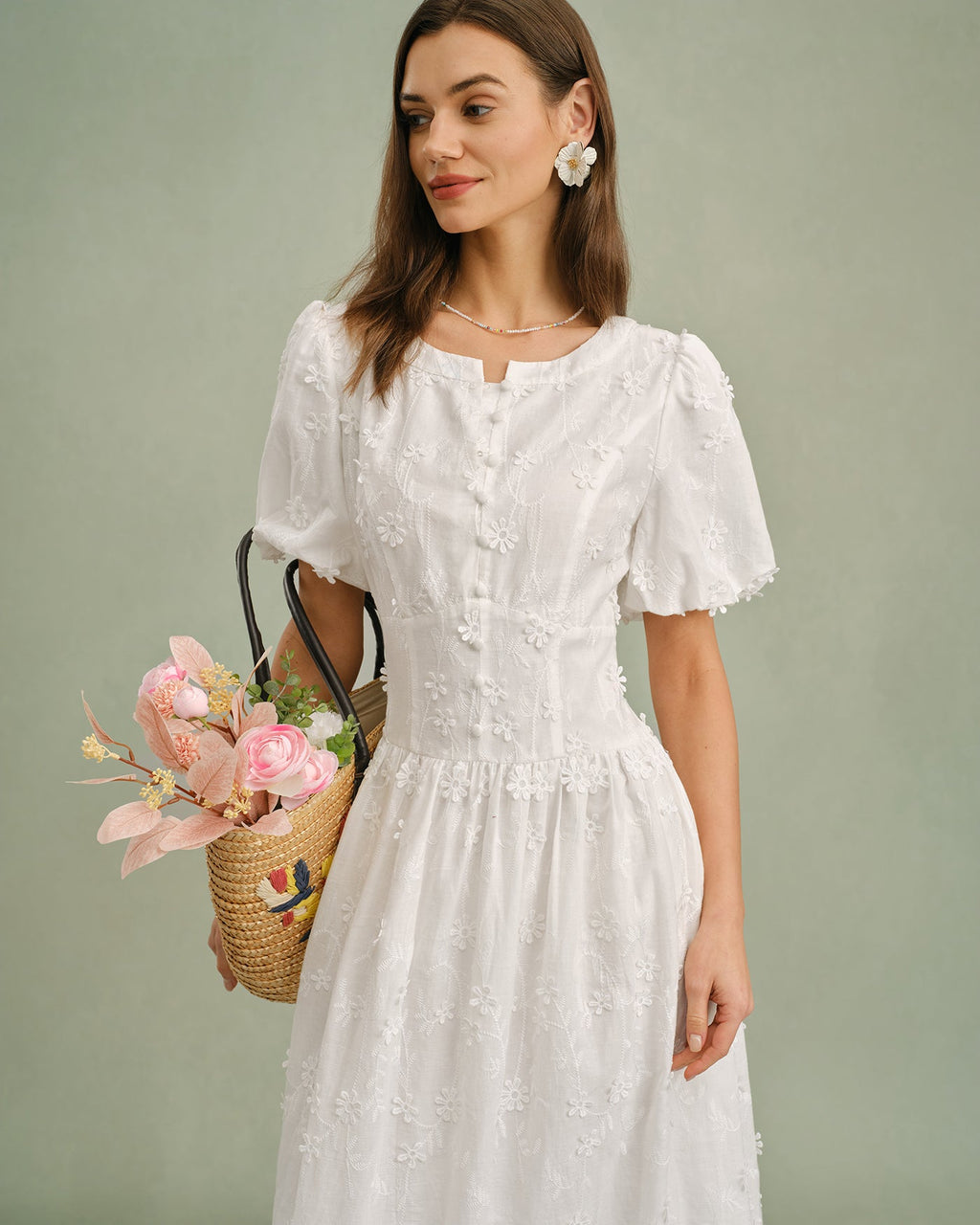 Vestido Midi Floral Blanco con Cuello Redondo