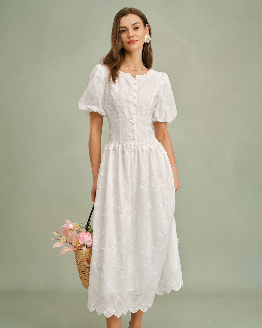 Vestido Midi Floral Blanco con Cuello Redondo