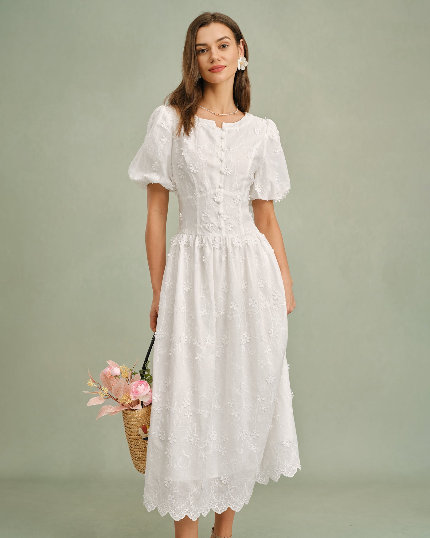 Vestido Midi Floral Blanco con Cuello Redondo