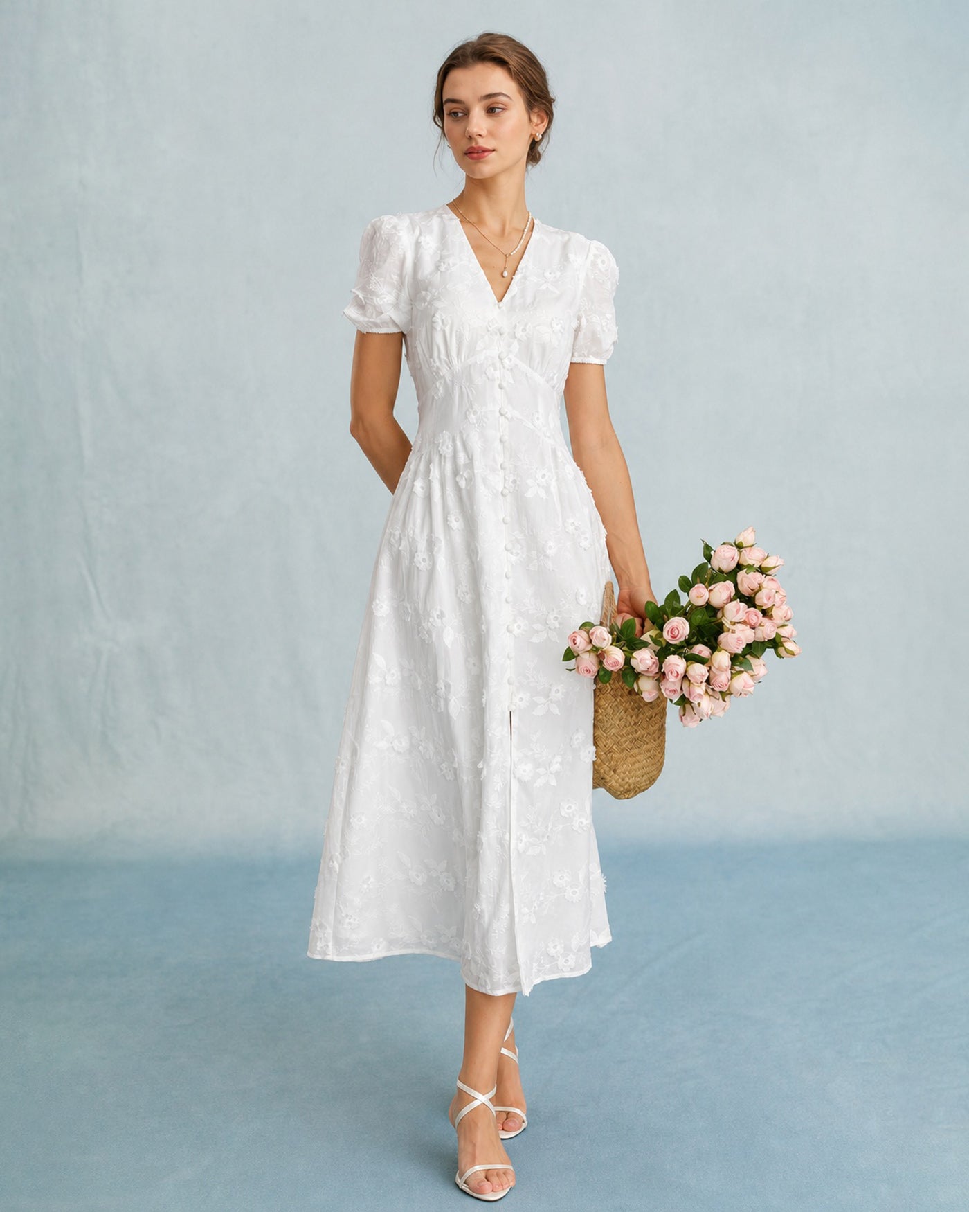 Vestido Midi Blanco Bordado con Mangas Puff