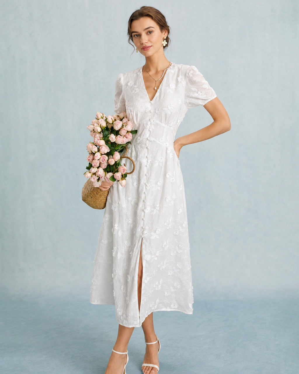 Vestido Midi Blanco Bordado con Mangas Puff