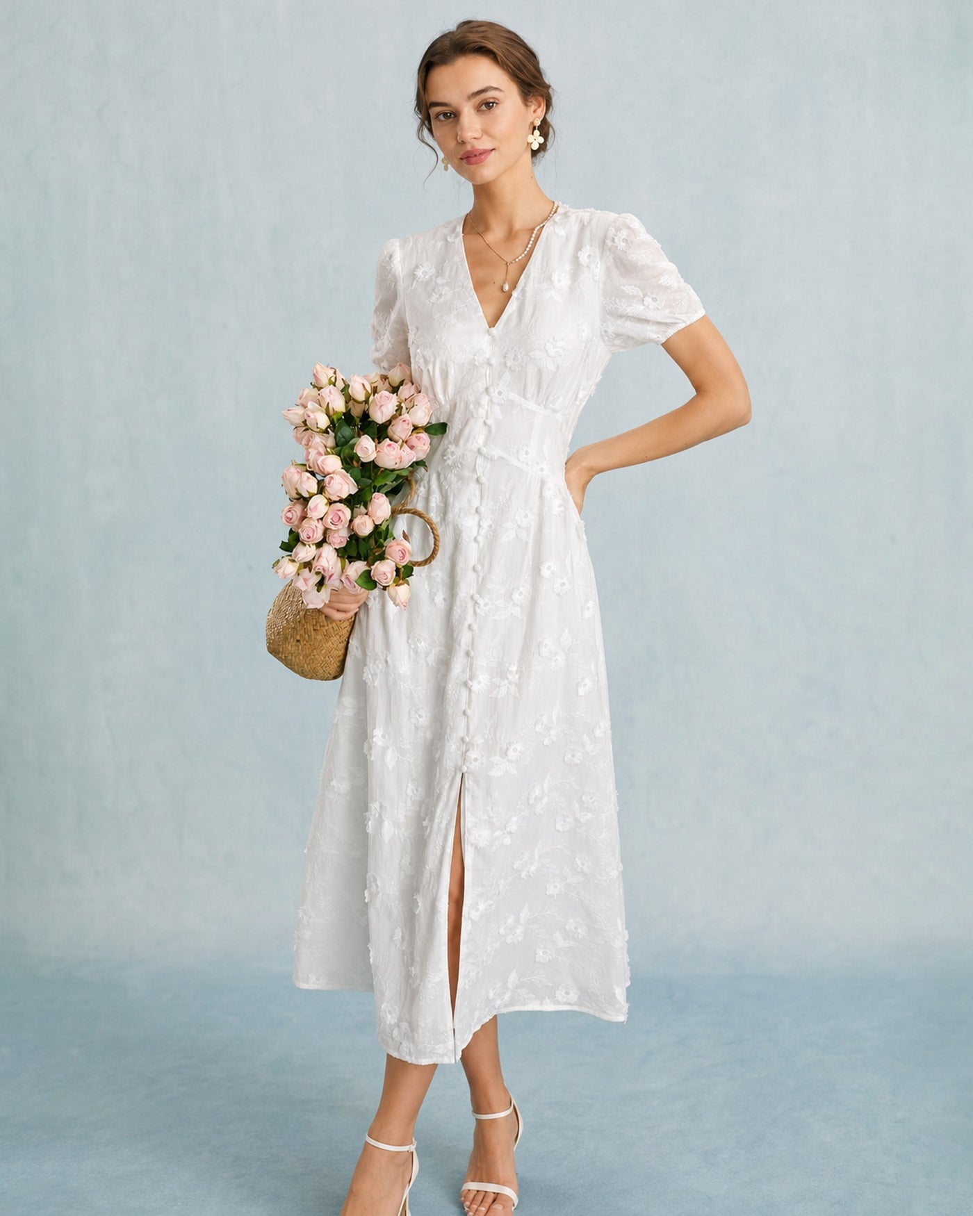Vestido Midi Blanco Bordado con Mangas Puff