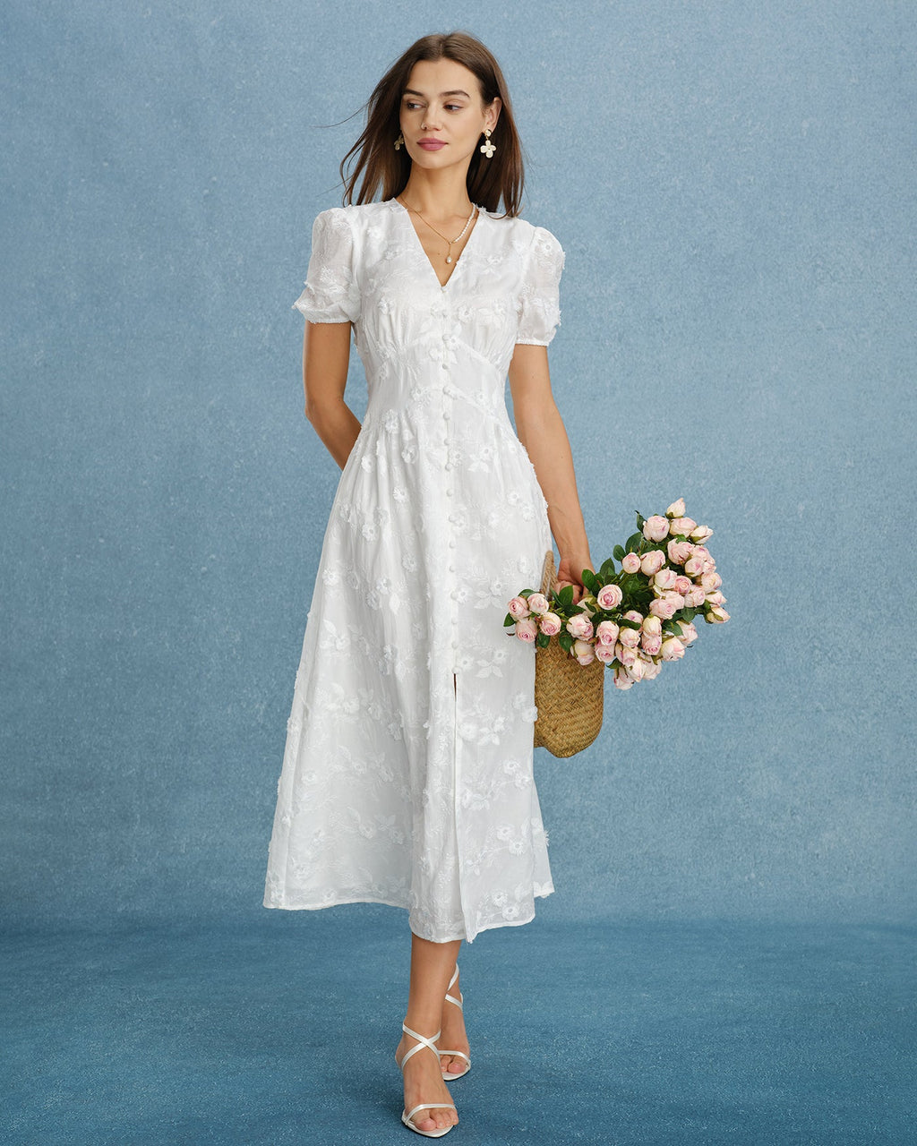 Vestido Midi Blanco Bordado con Mangas Puff