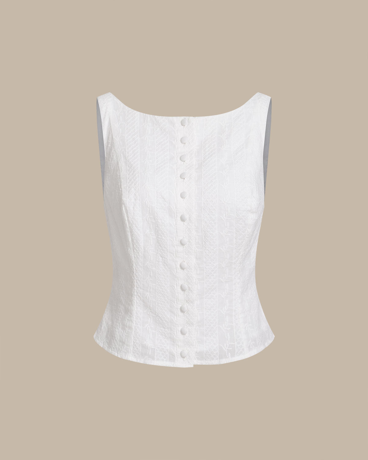Chaleco Blanco Texturizado con Cuello Barco y Botonadura