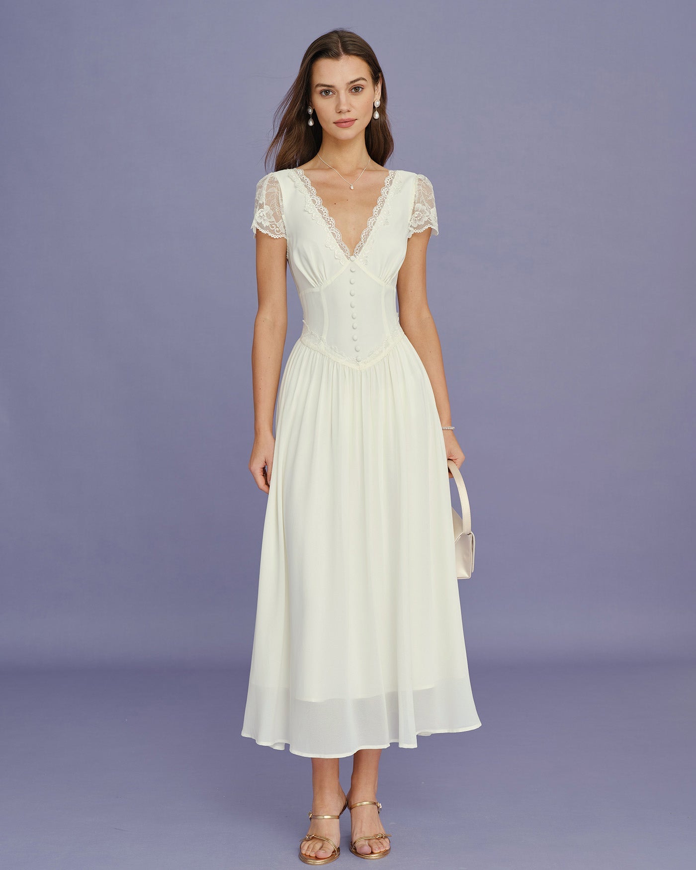 Vestido Maxi de Encaje Albaricoque con Cuello en V