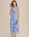 Vestido Maxi Floral Azul con Volantes y Tirantes Lazados