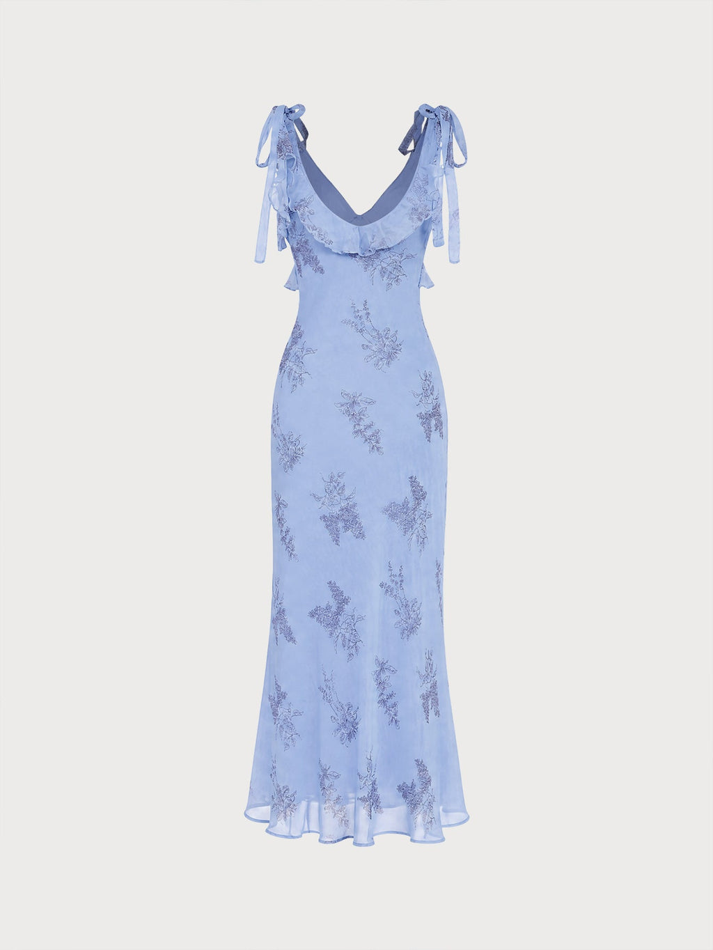 Vestido Maxi Floral Azul con Volantes y Tirantes Lazados