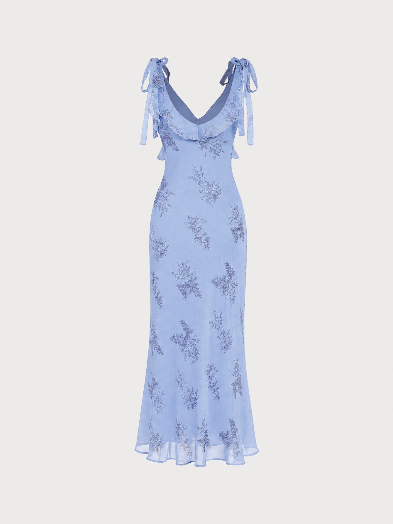Vestido Maxi Floral Azul con Volantes y Tirantes Lazados