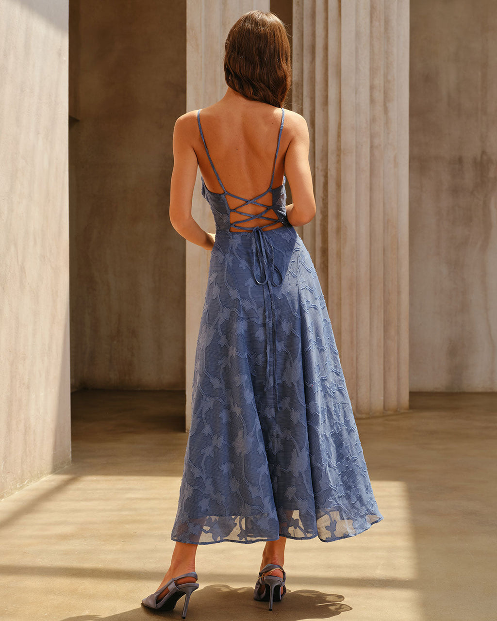 Vestido Maxi de Jacquard Azul con Fruncido