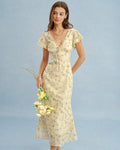Vestido Maxi Floral de Encaje Amarillo con Cuello en V
