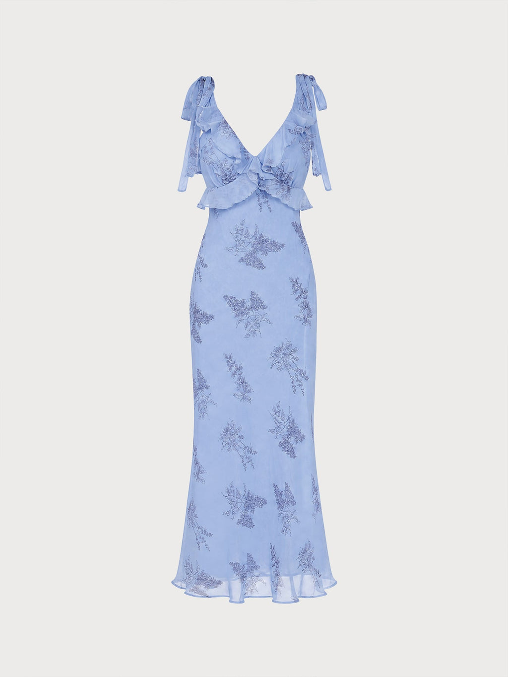 Vestido Maxi Floral Azul con Volantes y Tirantes Lazados