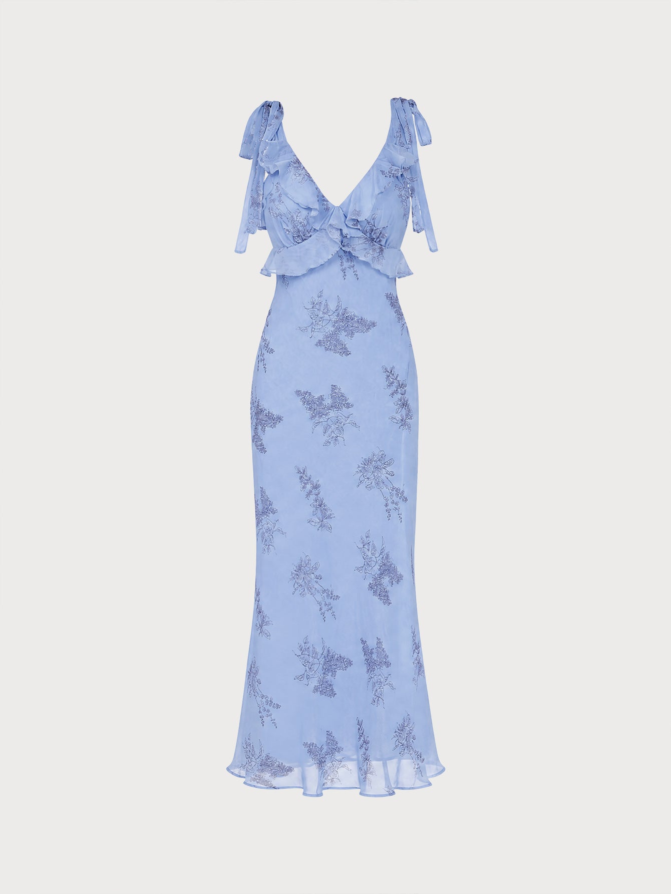 Vestido Maxi Floral Azul con Volantes y Tirantes Lazados