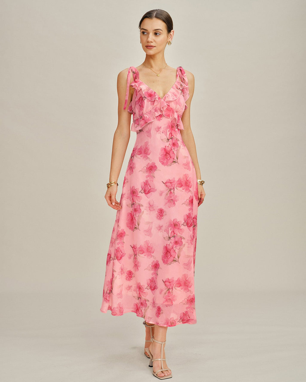 Vestido Maxi de Chiffon Lencero Floral Rosa con Volantes