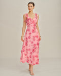 Vestido Maxi de Chiffon Lencero Floral Rosa con Volantes