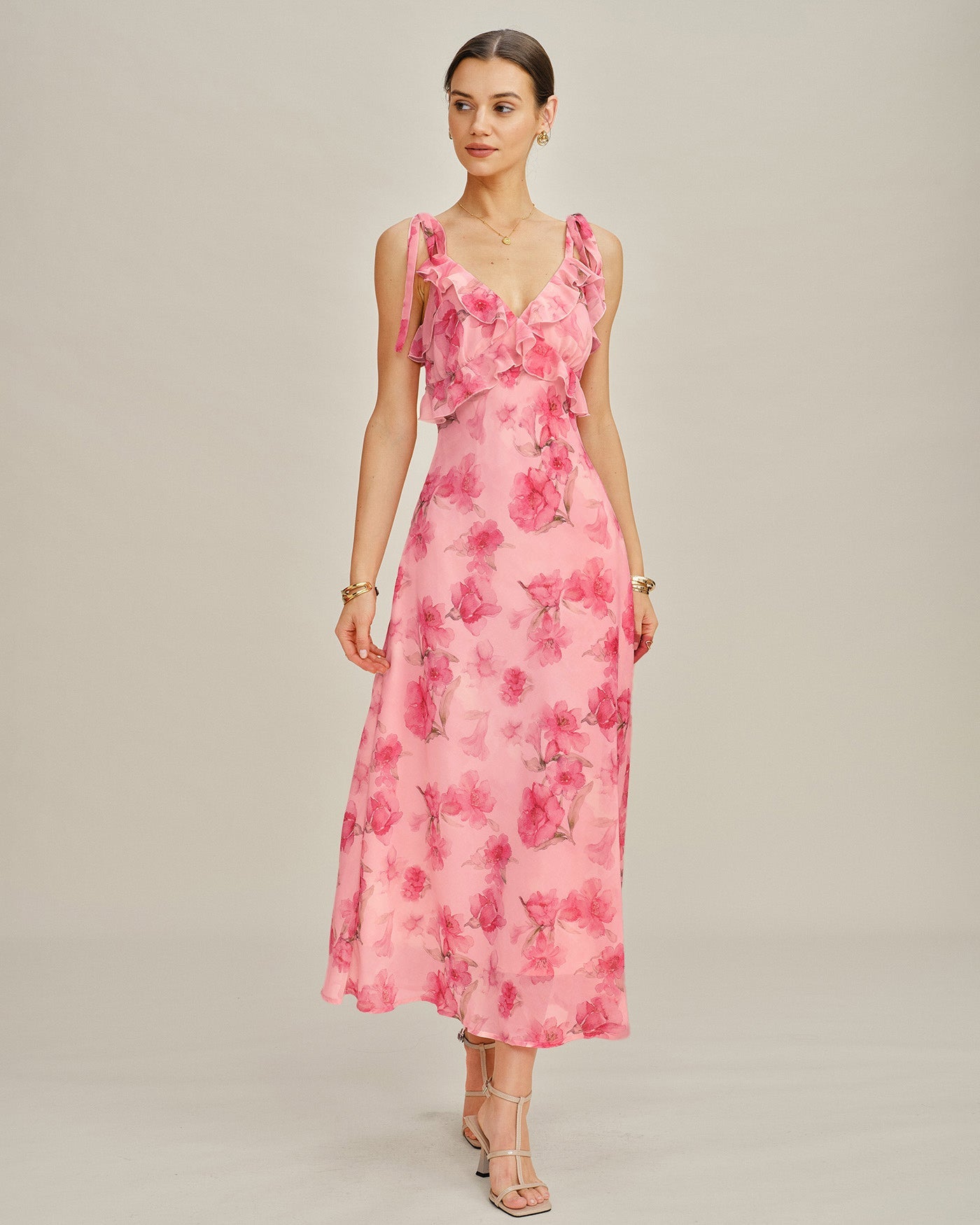Vestido Maxi de Chiffon Lencero Floral Rosa con Volantes