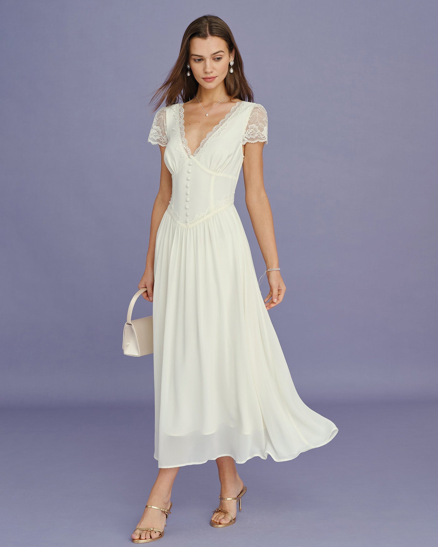 Vestido Maxi de Encaje Albaricoque con Cuello en V