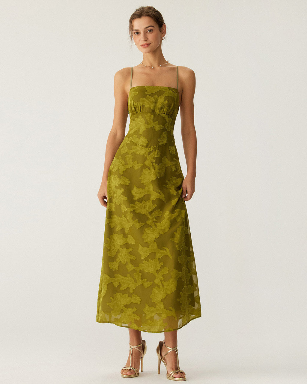 Vestido Maxi Lencero Floral Verde con Fruncido y Espalda Descubierta