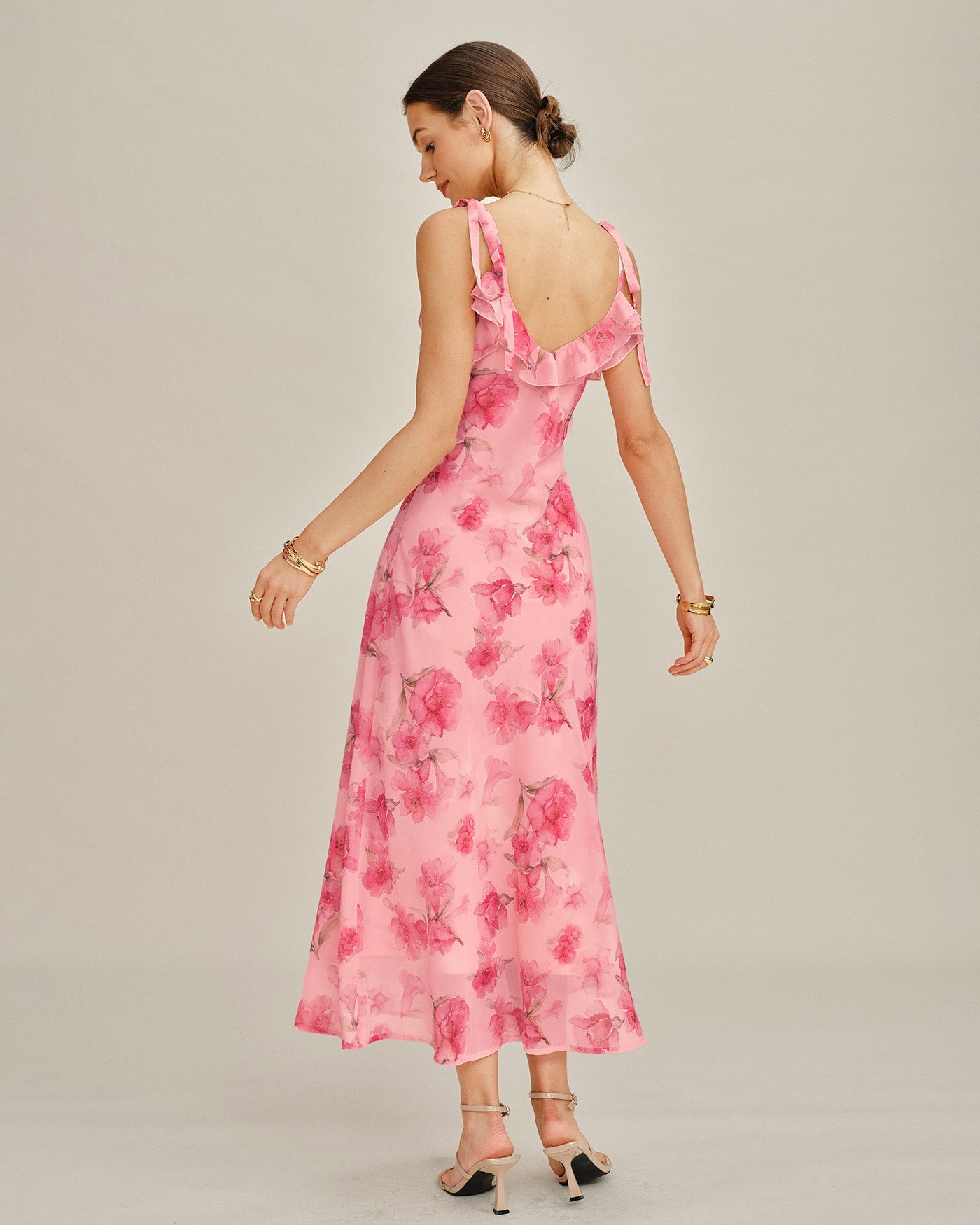 Vestido Maxi de Chiffon Lencero Floral Rosa con Volantes
