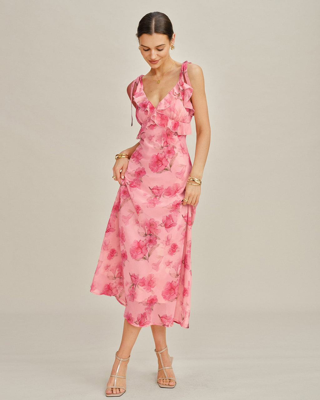 Vestido Maxi de Chiffon Lencero Floral Rosa con Volantes