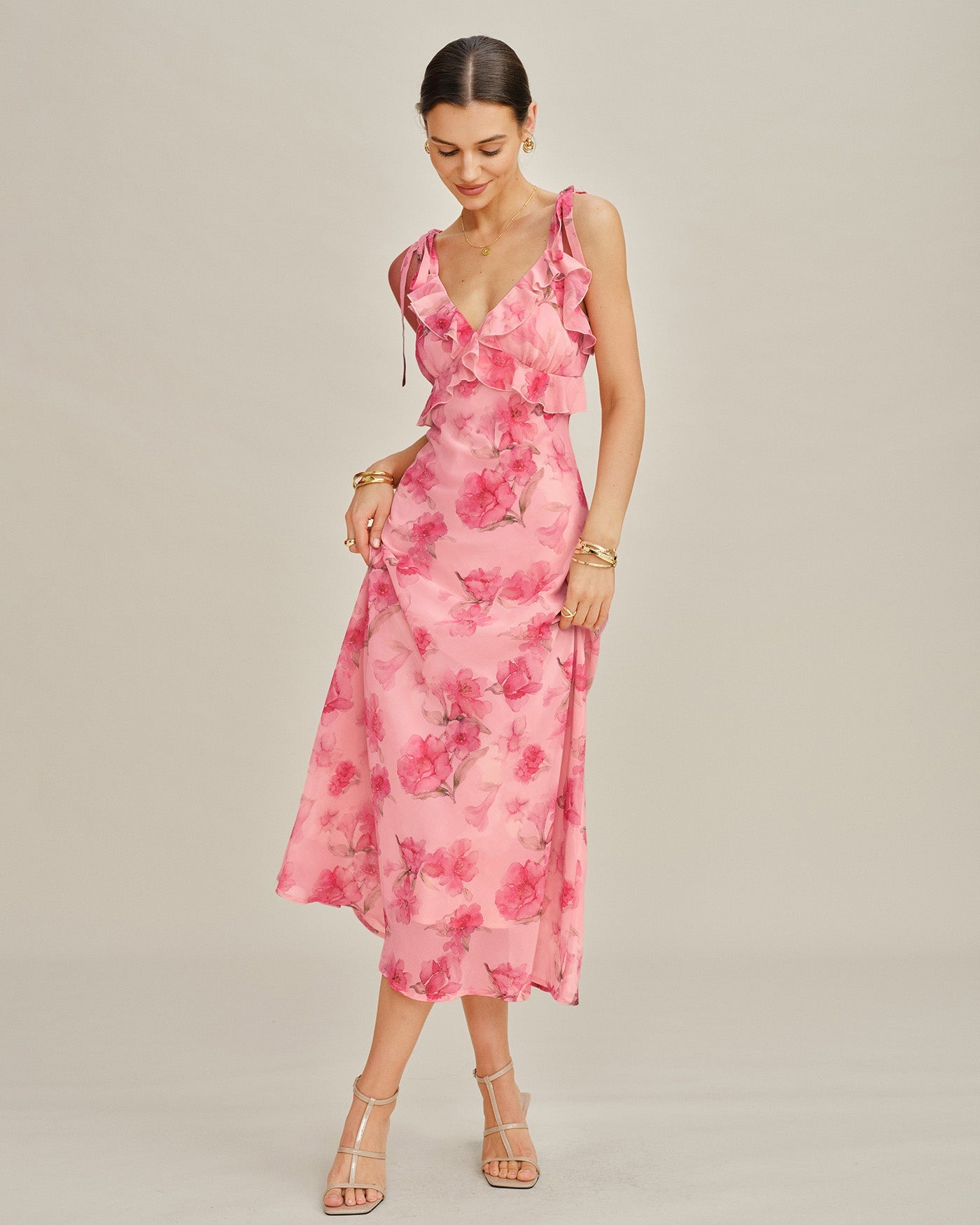 Vestido Maxi de Chiffon Lencero Floral Rosa con Volantes