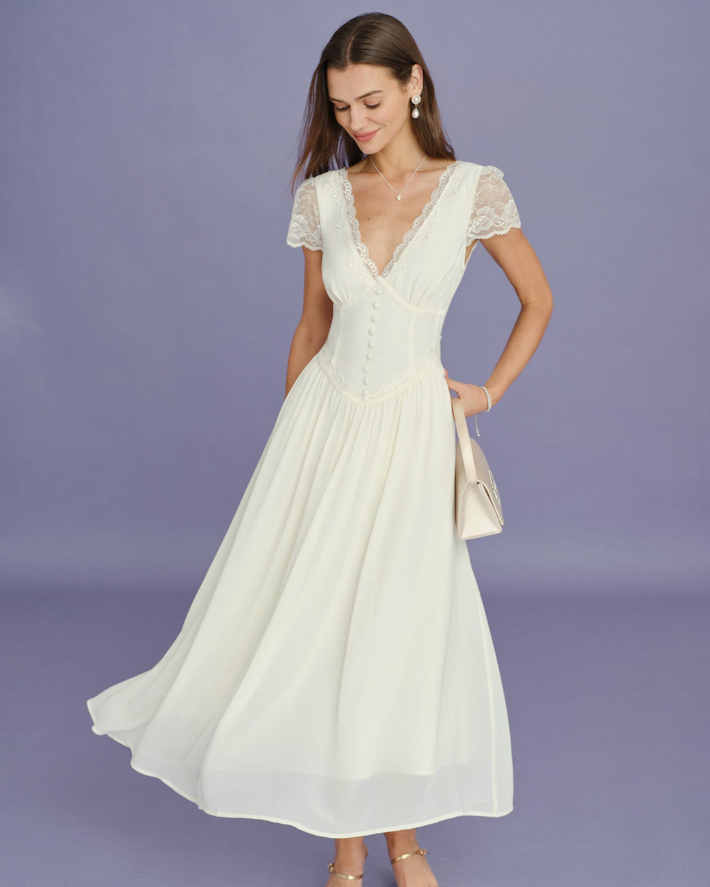 Vestido Maxi de Encaje Albaricoque con Cuello en V