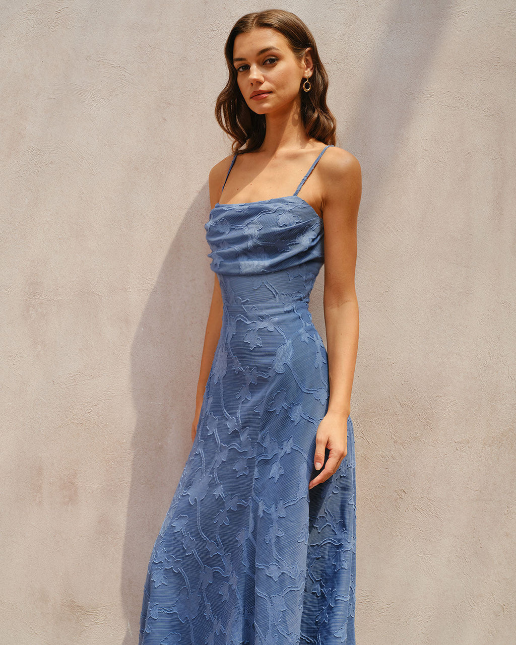 Vestido Maxi de Jacquard Azul con Fruncido