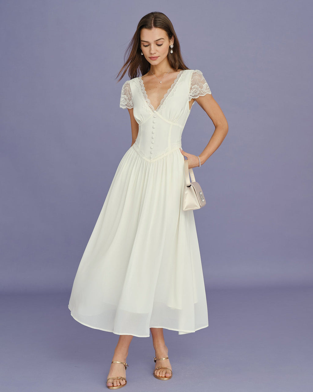 Vestido Maxi de Encaje Albaricoque con Cuello en V