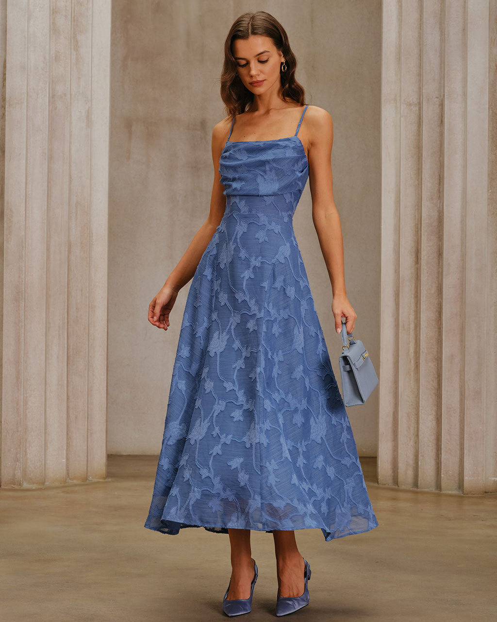 Vestido Maxi de Jacquard Azul con Fruncido