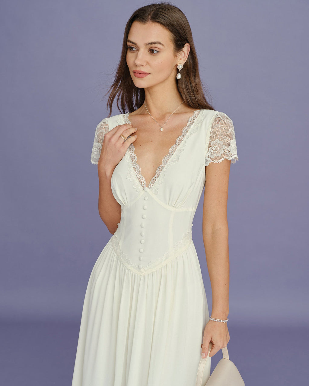 Vestido Maxi de Encaje Albaricoque con Cuello en V