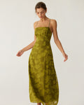 Vestido Maxi Lencero Floral Verde con Fruncido y Espalda Descubierta