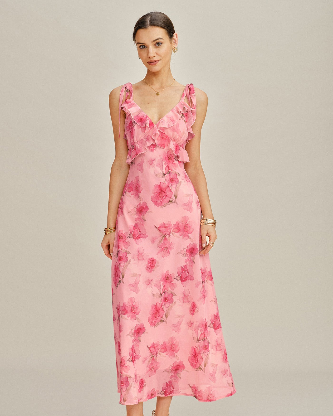Vestido Maxi de Chiffon Lencero Floral Rosa con Volantes
