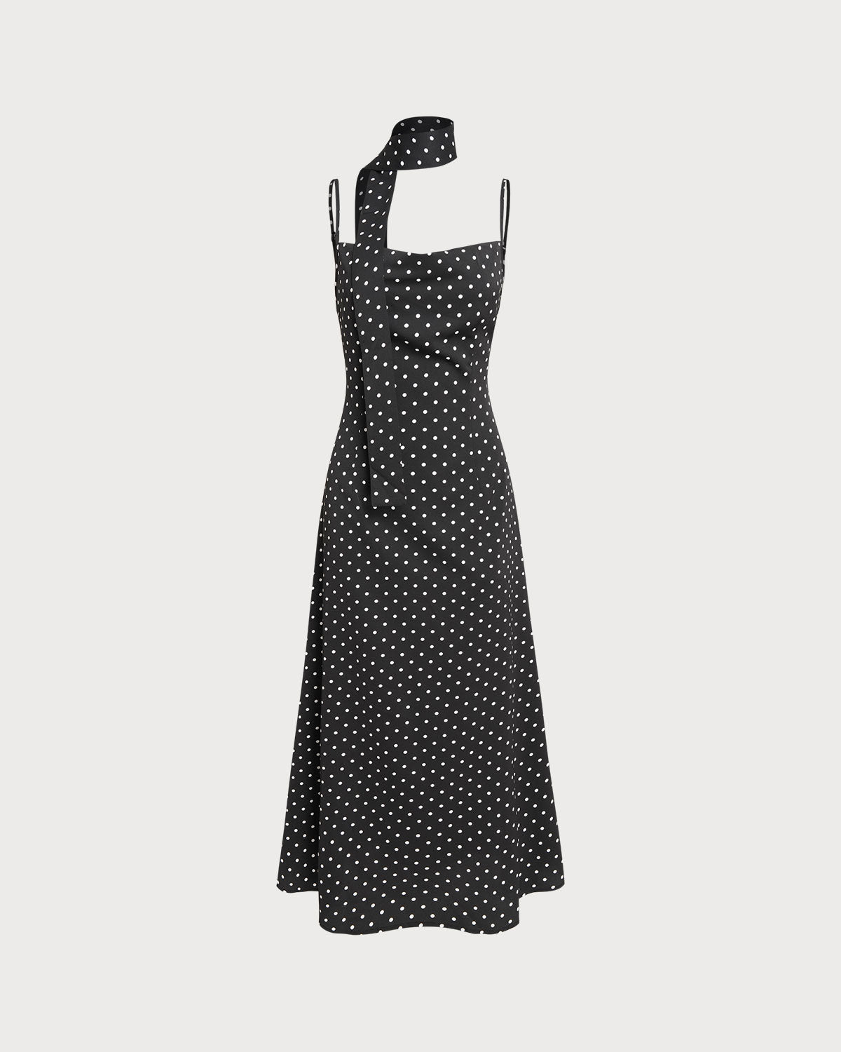 Vestido Maxi Lencero Negro de Lunares con Cuello Cowl