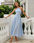 Vestido Maxi de Satén Azul Halter con Contraste