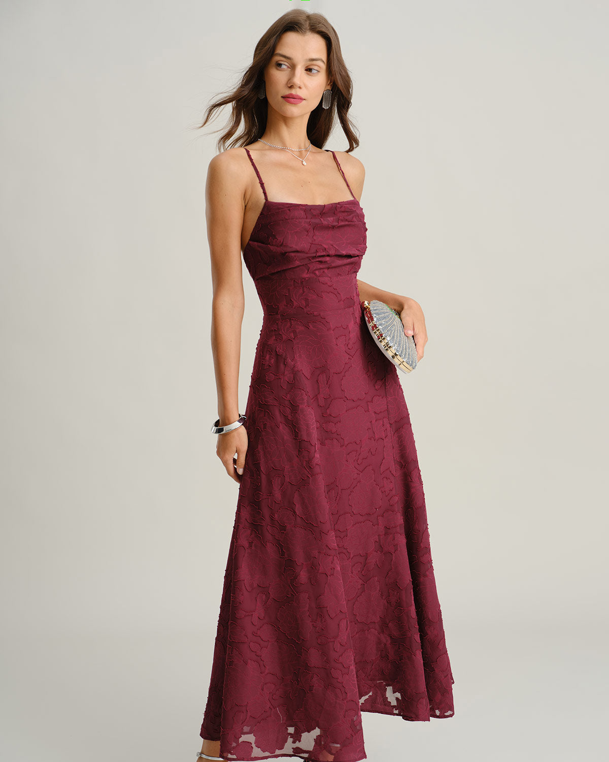 Vestido Maxi de Jacquard Rojo Vino