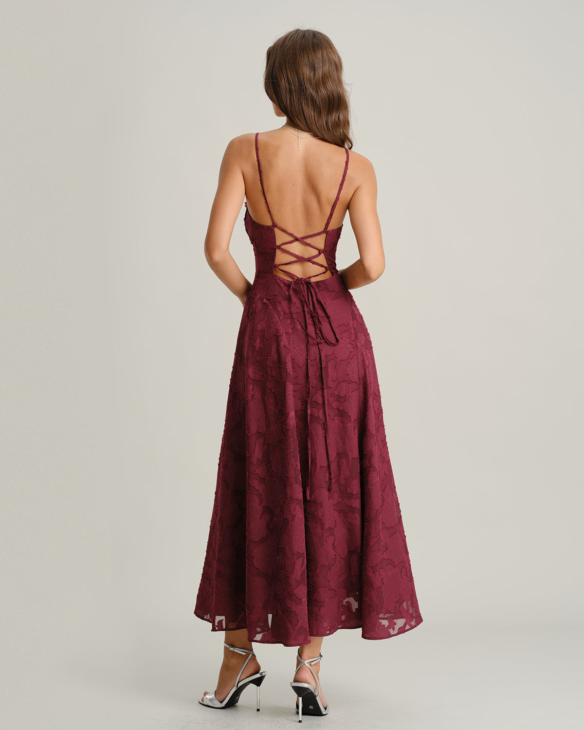 Vestido Maxi de Jacquard Rojo Vino