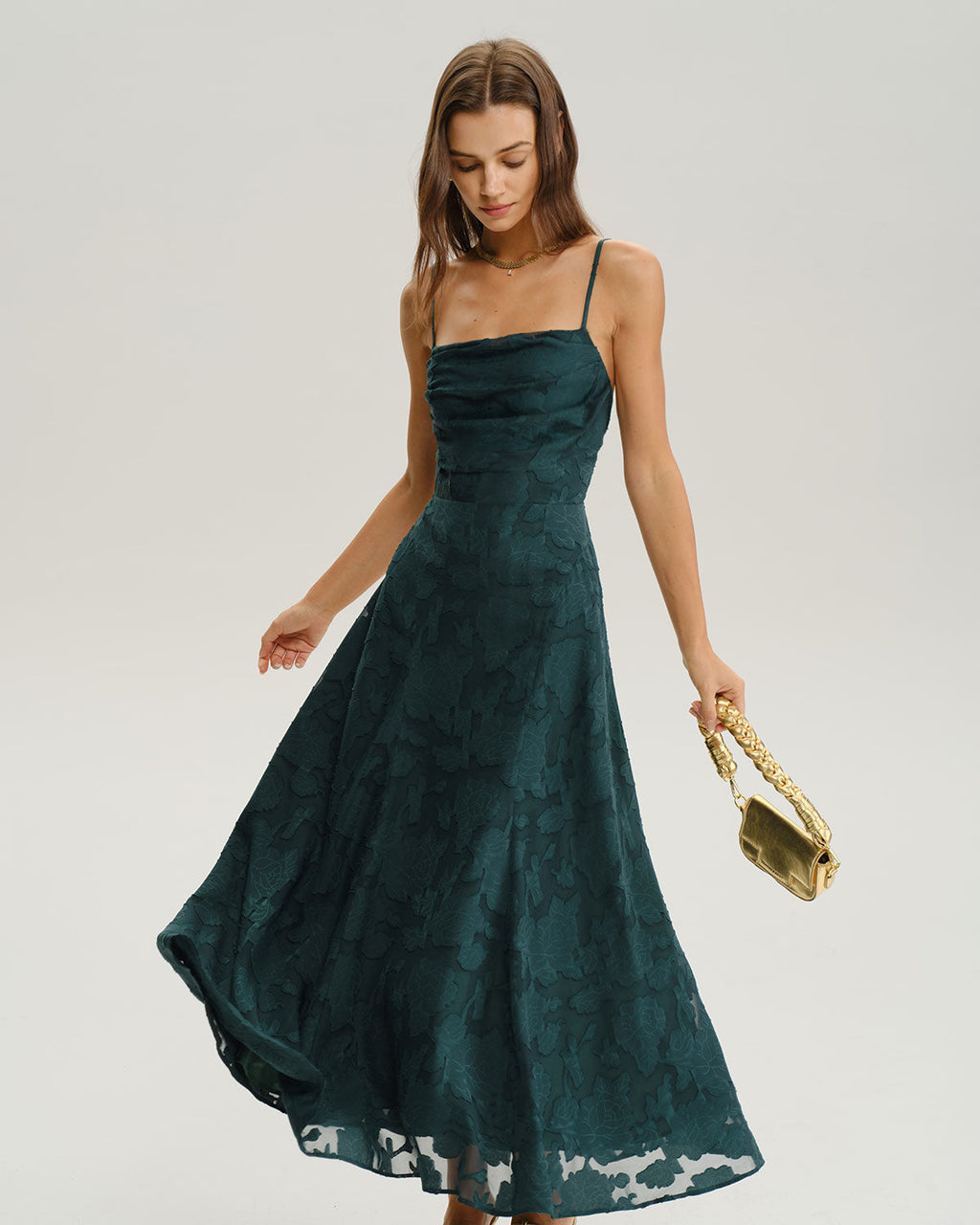 Vestido Maxi de Jacquard Verde Línea A