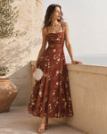 Vestido Maxi Floral Rojo con Cuello Cuadrado y Espalda Cruzada