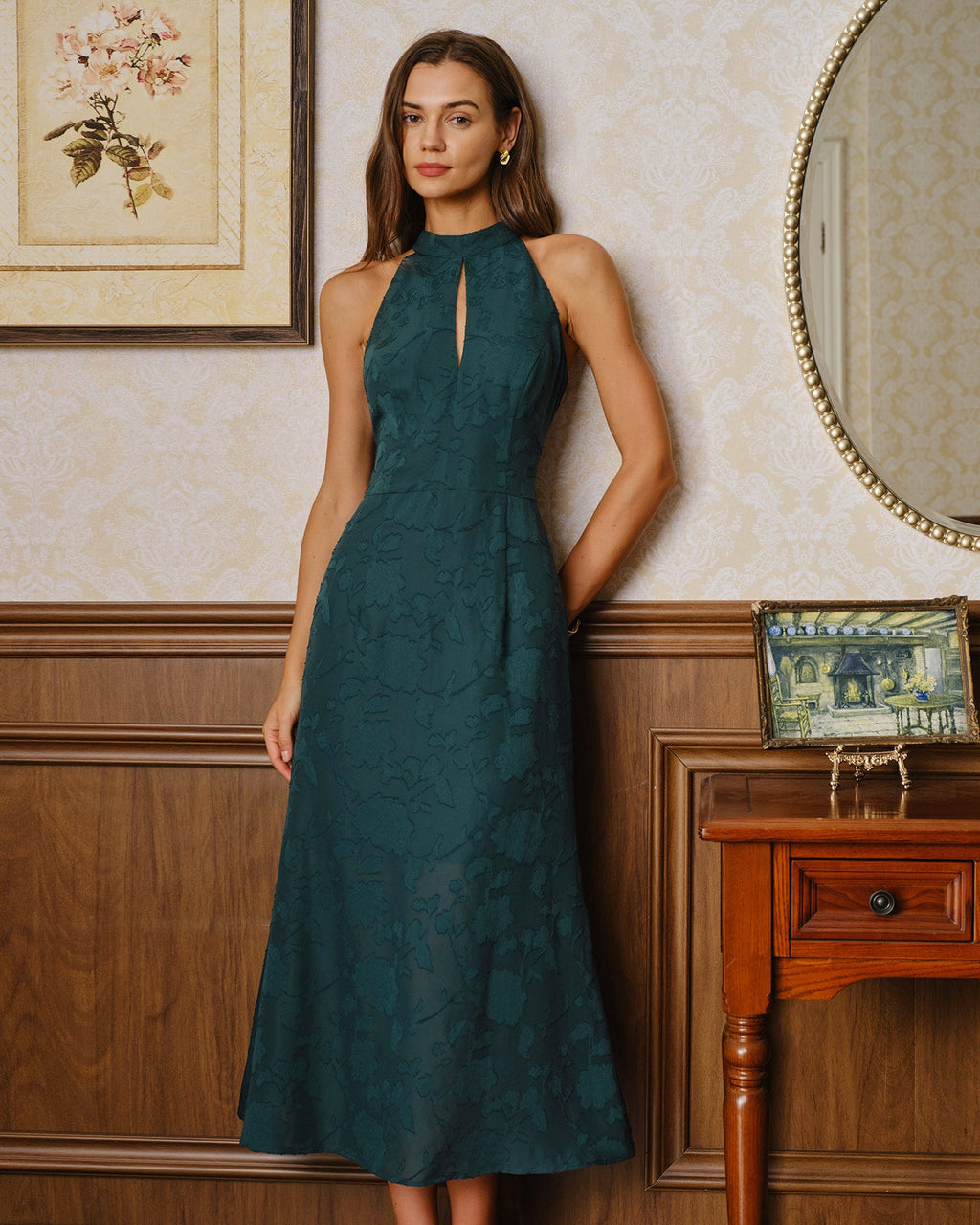 Vestido Maxi de Jacquard Verde sin Mangas con Cuello Alto