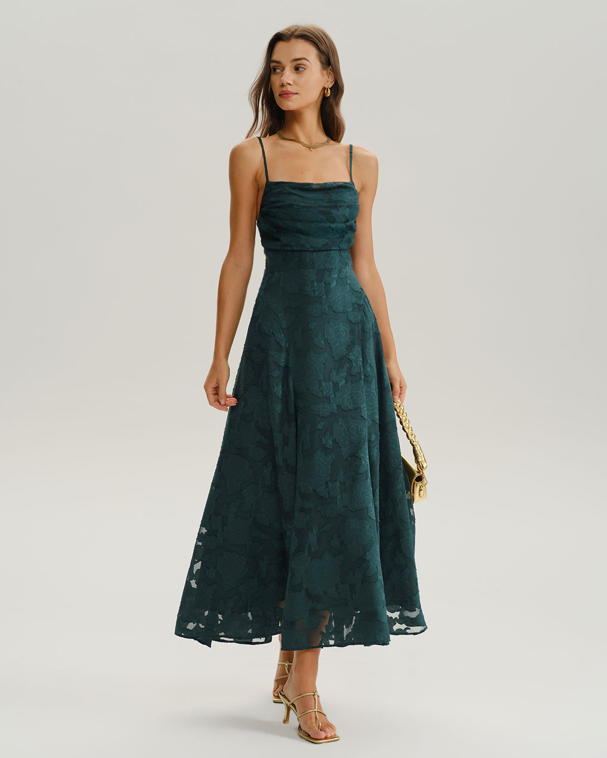 Vestido Maxi de Jacquard Verde Línea A
