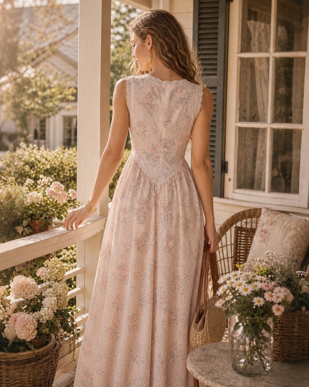 Vestido Maxi Floral de Encaje Rosa sin Mangas con Cuello en V