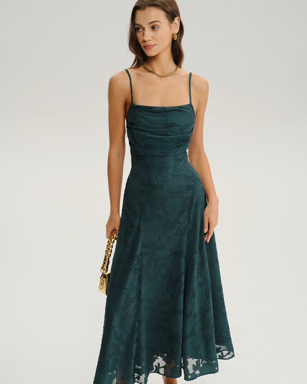 Vestido Maxi de Jacquard Verde Línea A