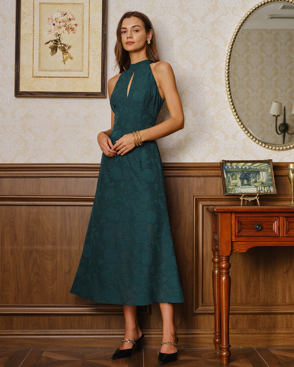 Vestido Maxi de Jacquard Verde sin Mangas con Cuello Alto